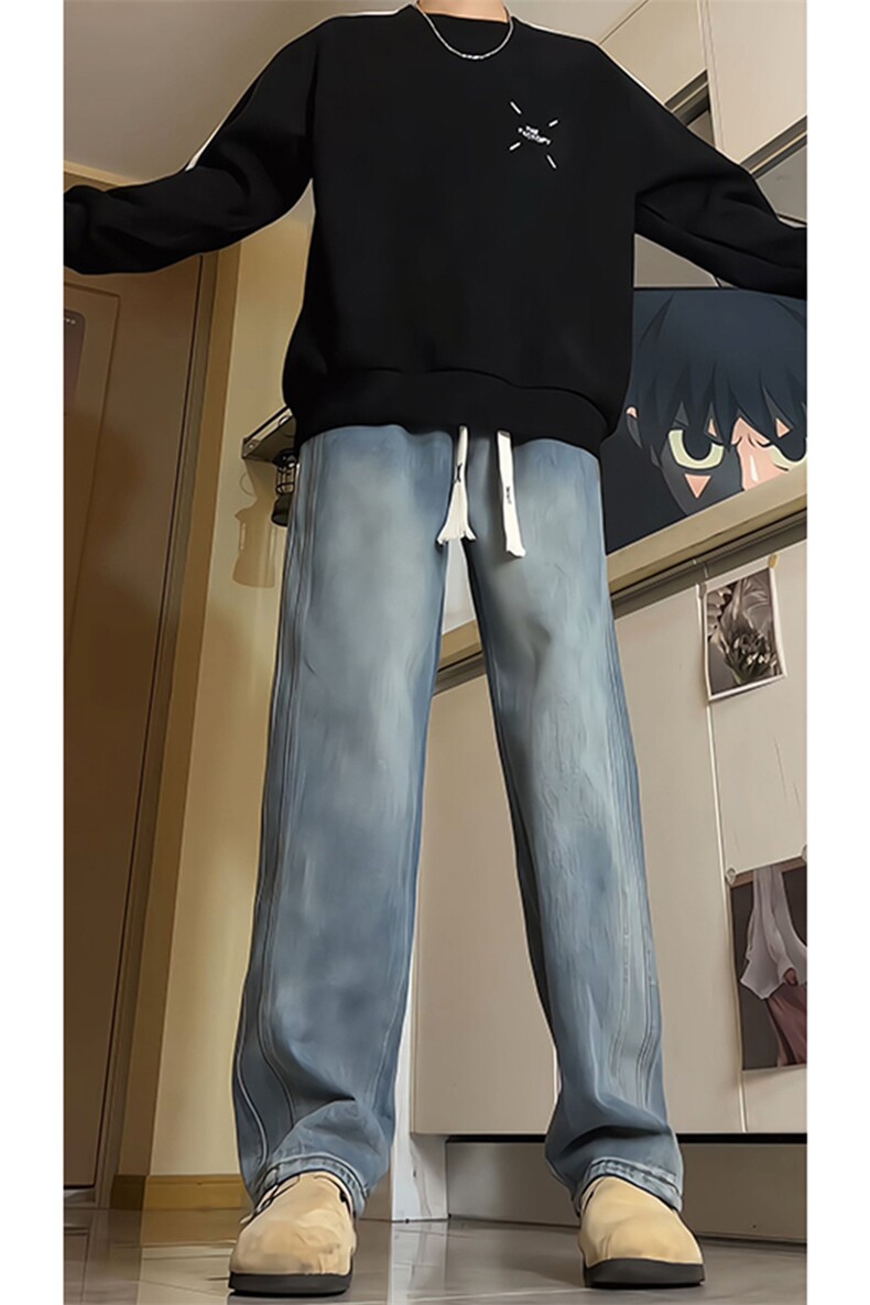美式高街直筒牛仔裤男款阔腿微喇宽松百搭裤子潮牌KZ007P60加绒70,男装牛仔裤,电商B312