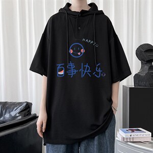 LD54183-P45 连帽短袖t恤男大码胖子带帽五分袖中袖图片