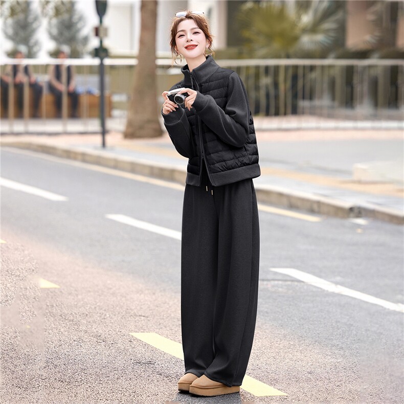 2025冬新款韩版拼接立领排骨90绒羽绒服外套配加厚松紧腰卫裤套装,女装羽绒服,瑶迪依秀