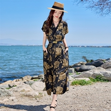 年轻妈妈夏装连衣裙2025新款中老年女装贵夫人夏季印花收腰裙子，女装连衣裙，简古