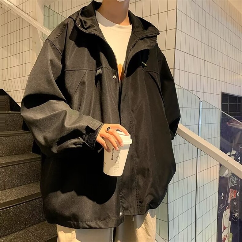 春秋季港风冲锋衣男士百搭宽松连帽工装夹克潮牌户外休闲外套,男装夹克,星座601-2