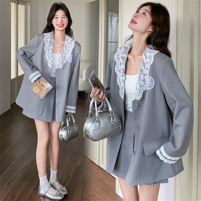 高级感炸街小西装套装裙女春天2025新款蕾丝拼接西服百褶裙两件套,女装套装/套裙,纯色衣恋