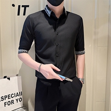 店主风社会小伙男绣花七分袖衬衫男潮流休闲衬衣301A-1/CS567/P55，男装衬衫，星座301A-1