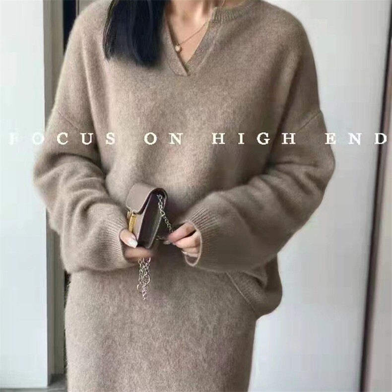 气质高级感老钱风针织V领包臀裙加厚上衣裙子,女装半身裙,唯若美羊绒