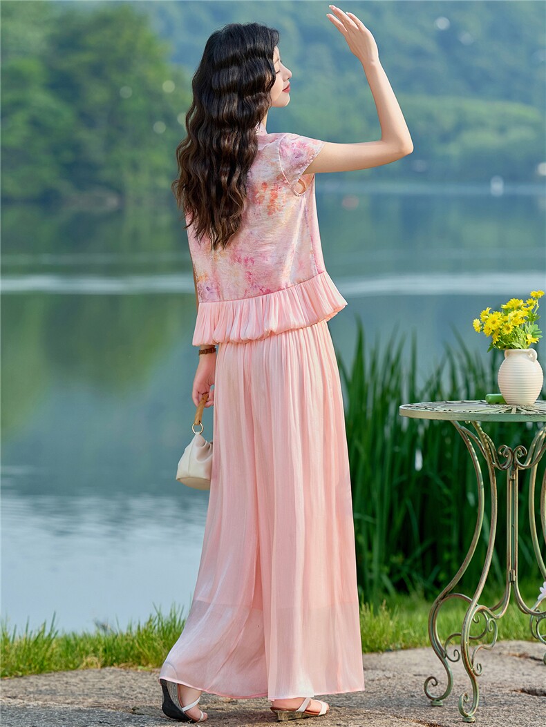 2026年夏季新款新中式印花套装女时尚小个子显瘦流光裤两件套,女装套装/套裙,众宇琦