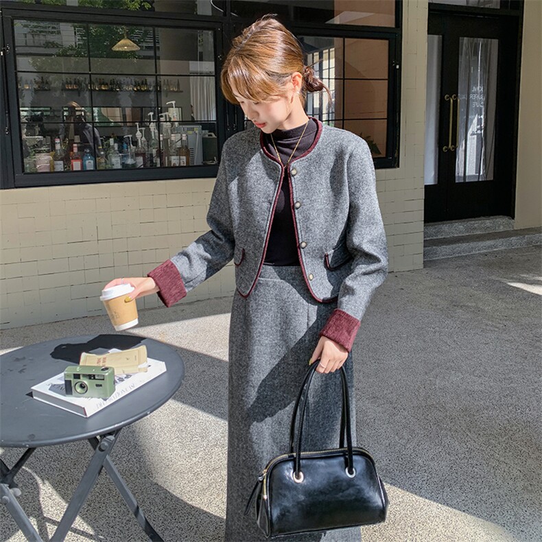 气质撞色包边羽绒内胆毛呢套装2025冬季新款外套半身裙淡人两件套,女装套装/套裙,C位