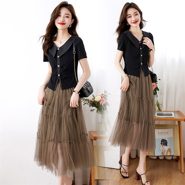 2023新款气质清新优雅两件套时尚显瘦V领短袖上衣+高腰网纱半身裙甜美淑女风，女装套装/套裙，布芭啦