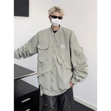 港风复古铁标设计感外套男春秋不规则棒球服工装上衣情侣飞行服，男装工装外套，星座506A