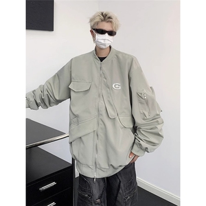 港风复古铁标设计感外套男春秋不规则棒球服工装上衣情侣飞行服图片