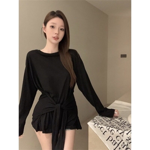 美式长袖t恤女秋季露肩绑带辣妹斜肩体恤宽松显瘦设计感黑色上衣图片