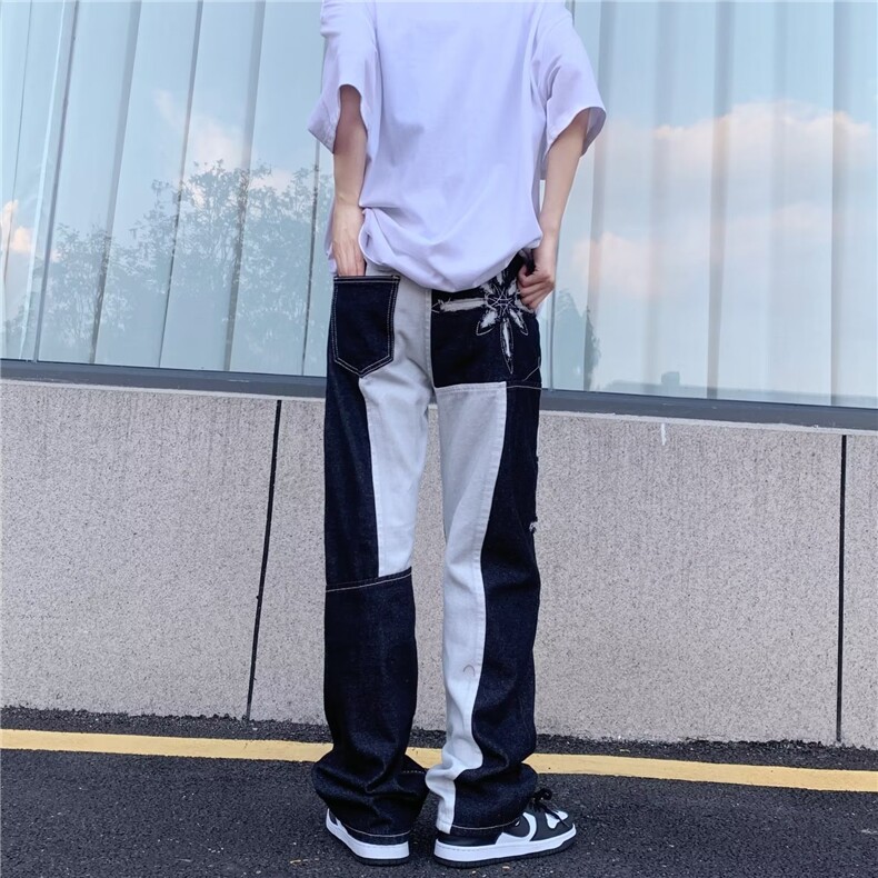 欧美高街vibe复古拼接牛仔裤男潮流撞色宽松直筒百搭CK35-P70,男装牛仔裤,星座1109-3