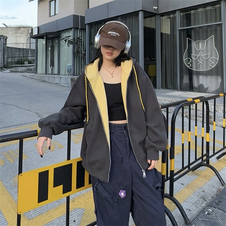 抖音得物二开美式高街重磅结构双层撞色连帽卫衣开衫外套W116,男装卫衣,电商A486