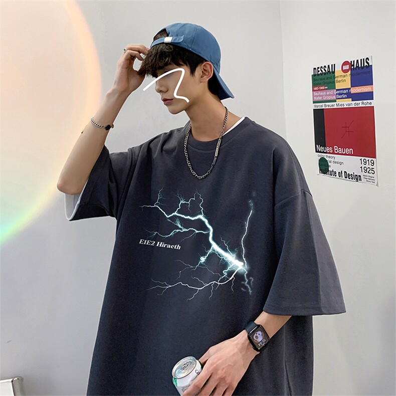 全棉t恤男款短袖夏季薄款美式复古黑色半袖潮牌潮流大码宽松体恤,男装T恤,电商A486