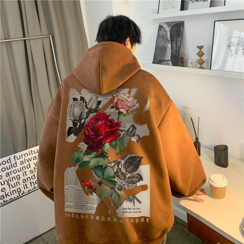 抖音品质美式复古玫瑰印花宽松麂皮绒连帽卫衣JK23389特批43-控69图片