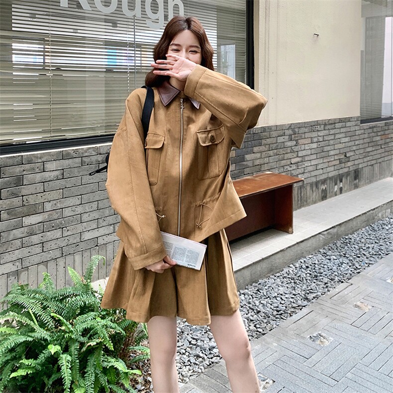 韩版甜酷风休闲套装女2025春秋季新款流行显瘦翻领外套短裤两件套,女装套装/套裙,2C085