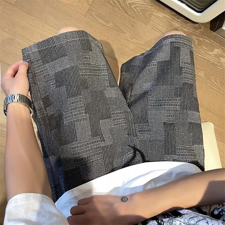 水洗新款2024夏季港风宽松格子牛仔裤短裤D521-P35,男装休闲裤,星座1109-3