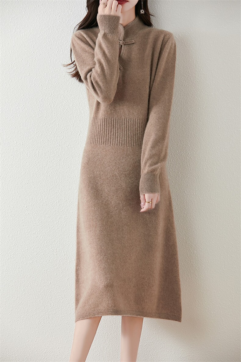 优雅斜襟三扣带腰身修身显瘦秋冬针织连衣裙,女装连衣裙,绒汀羊绒