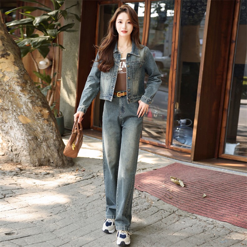 早春牛仔套装女2025新款时尚洋气减龄时髦今年流行复古长裤两件套,女装套装/套裙,意芙
