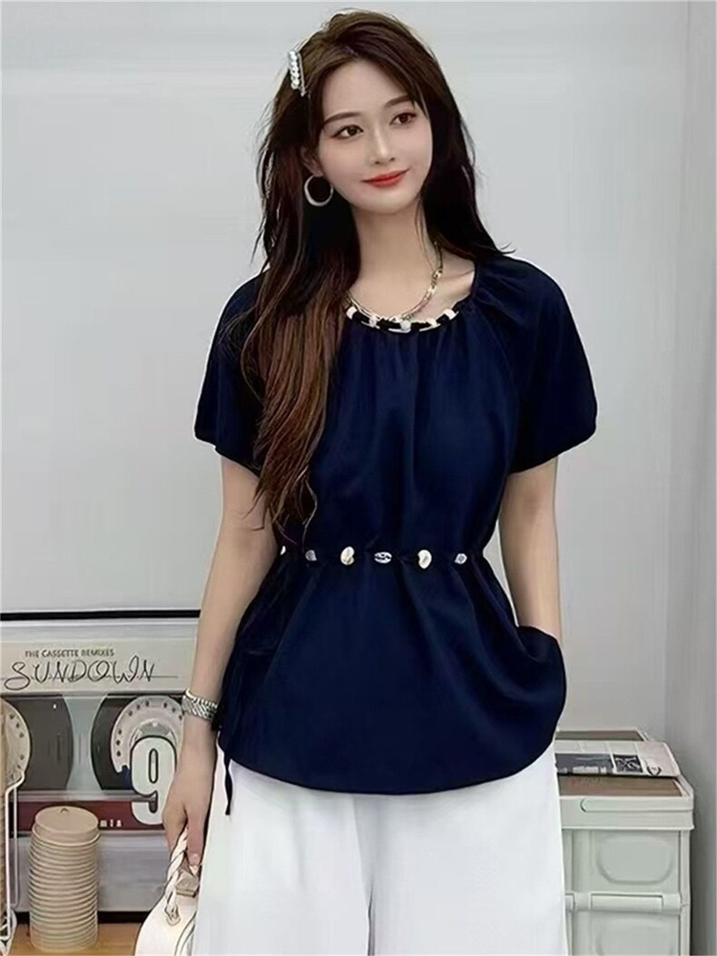 串珠系带收腰短袖衬衫女夏季新款小个子气质超好看上衣潮,针织衫/毛衣,雅鹿