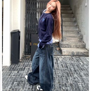 美式高级感弯刀牛仔裤男女水洗宽松阔腿直筒休闲长裤子NZB163图片