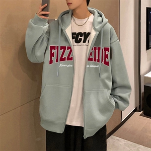 H198P70港风含棉66%字母印花拉链开衫卫衣宽松休闲连帽外套图片