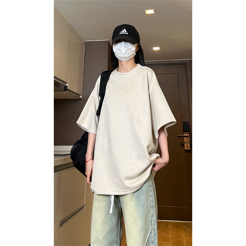 港风大码日系复古麂皮绒宽松套头圆领短袖T恤XZ213-T061-P35控48,男装T恤,星座213