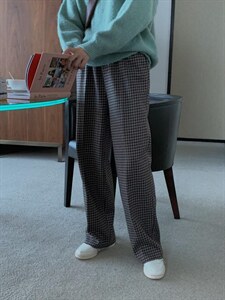 【现货】冬季新款 橡筋腰头格子拖地裤，,其它,炽元素