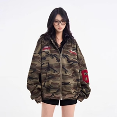 大码胖mm美式高街迷彩开衫连帽卫衣外套女秋季oversize拉链上衣，女装短外套，星座218-8