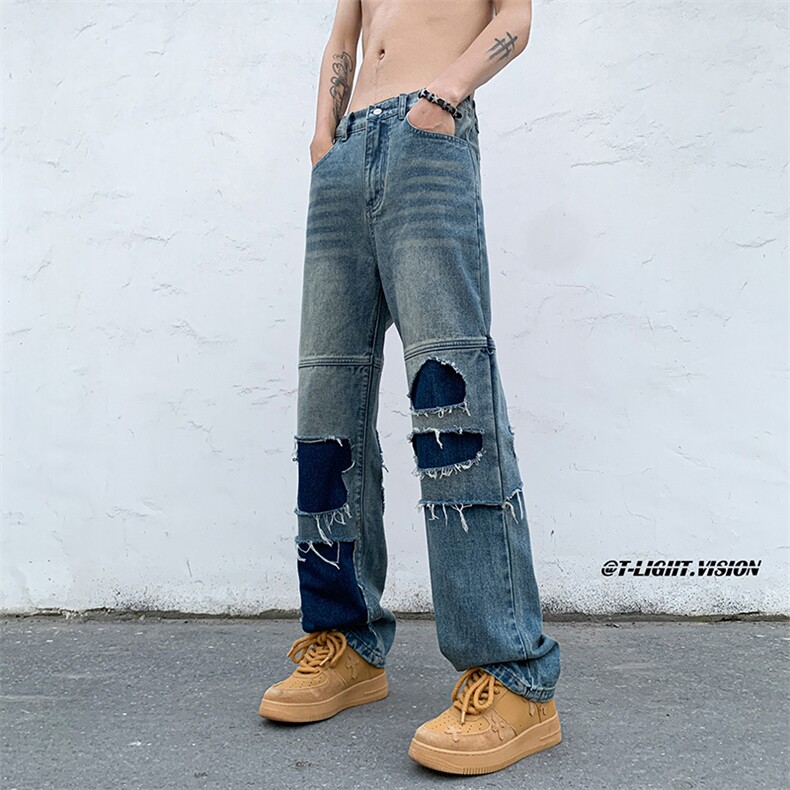 B221美式ins高街暗黑小众撞色破洞直筒牛仔裤LK23109-P65控88,男装牛仔裤,电商B221