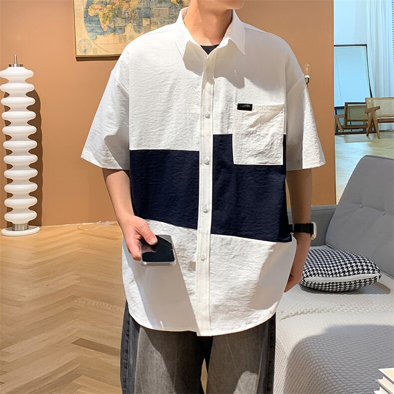 24年港风夏款工装拼接宽松短袖衬衫男CS114P40,男装衬衫,星座1204-3
