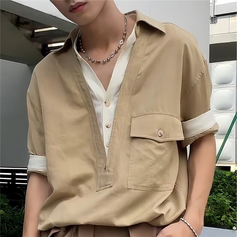 老钱风假两件V领衬衫男女春秋慵懒风设计感宽松穿搭拼接工装外套,男装衬衫,星座302B