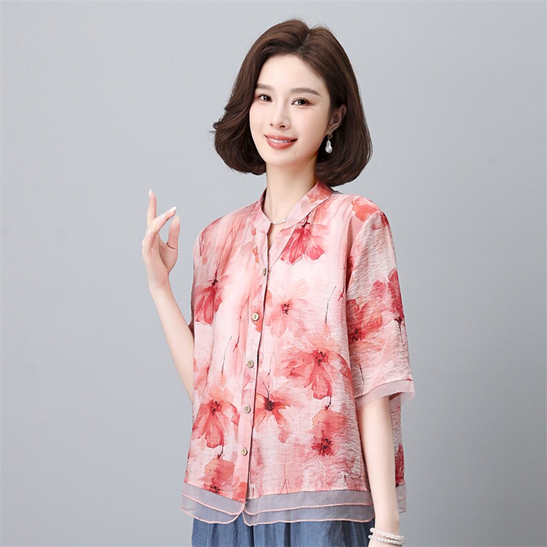 叶笙衣夏季新款女装宽松显瘦印花短袖衬衫上衣时尚百搭休闲衬衣,女装衬衫,叶笙衣