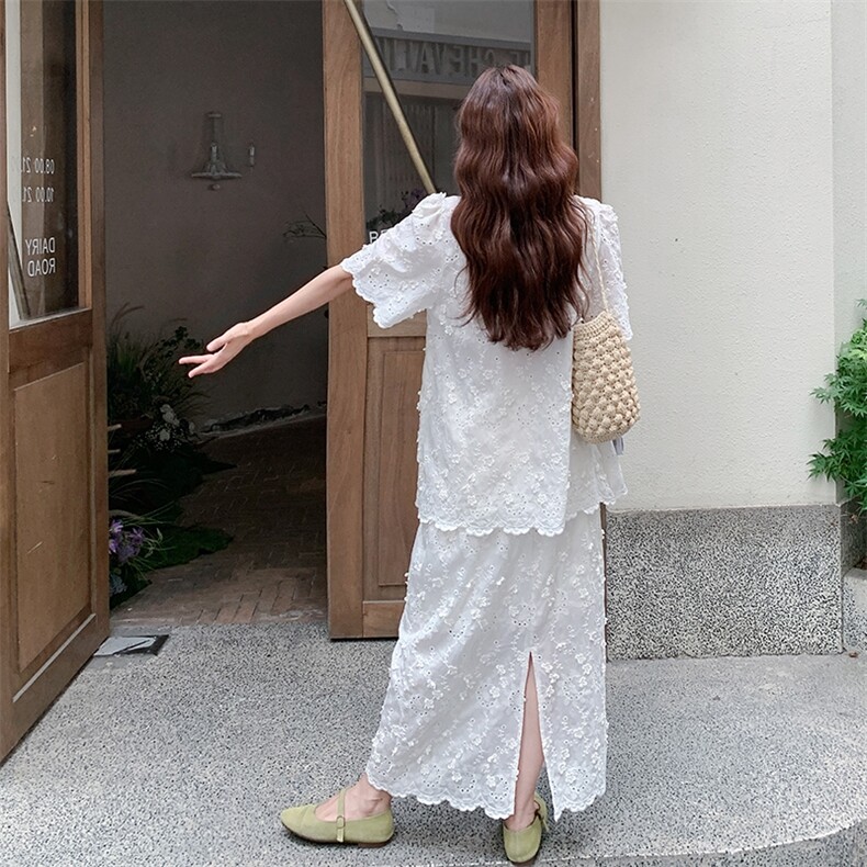 休闲松弛风气质领口花朵上衣套装2025夏季温柔风日系半身裙两件套,女装套装/套裙,2C176