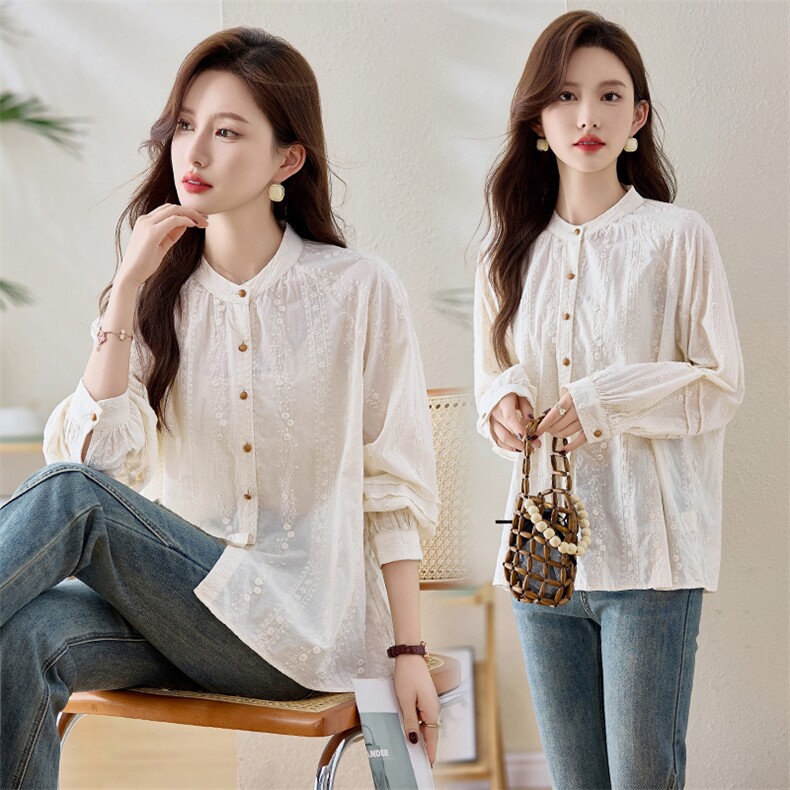 2026春季女装新款时尚圆领长袖气质优雅宽松刺绣衬衫，女装衬衫，丝露怡语