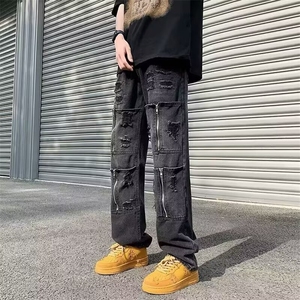 牛仔裤男春秋款潮牌宽松破洞设计感小众水洗做旧工装直筒裤子图片