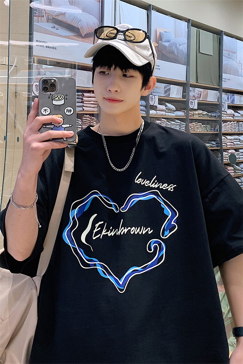 1港风休闲运动情侣大码中性潮爱心印花短袖T恤男DT7835P25控38,男装T恤,星座226-2