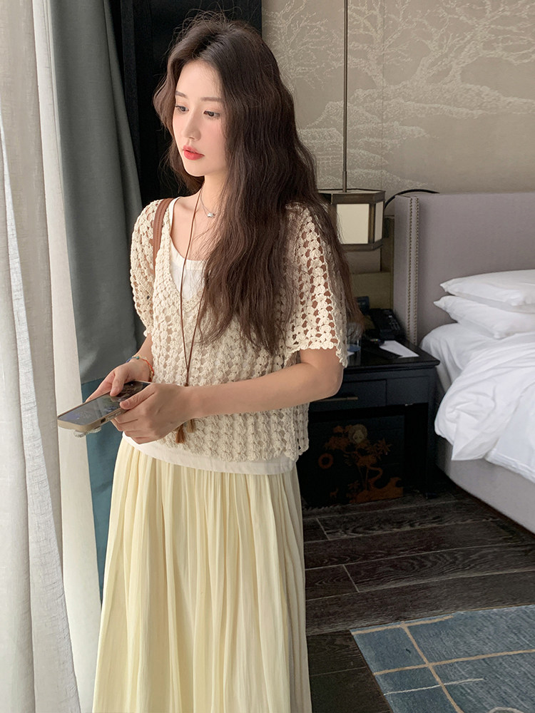 法式温柔风裙女2025夏季新款镂空v领罩衫吊带半身裙潮,女装连衣裙,浙宝305