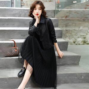 现货2022春季新款时尚气质显瘦潮流衬衫领皮衣外套女两件套，女装套装/套裙，江南女神