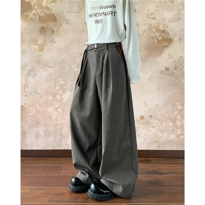 得物品质秋款男女糯米千鸟格长裤显瘦直筒阔腿长裤配腰带F06P75，男装休闲裤，星座1013-1