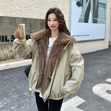 新款！保暖休闲大毛领派克服牛角扣工装外套2C133-6006-P255-K378，女装派克服，2C133