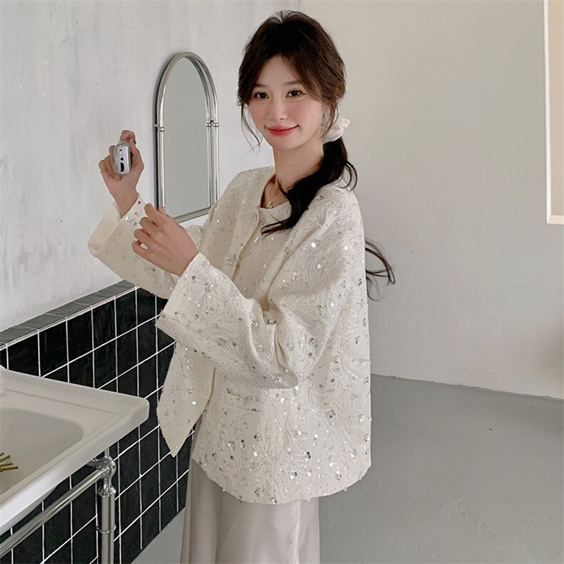 白色重工亮片圆领小香风外套女2025春季新款名媛气质高级感短上衣,女装短外套,纯色衣恋