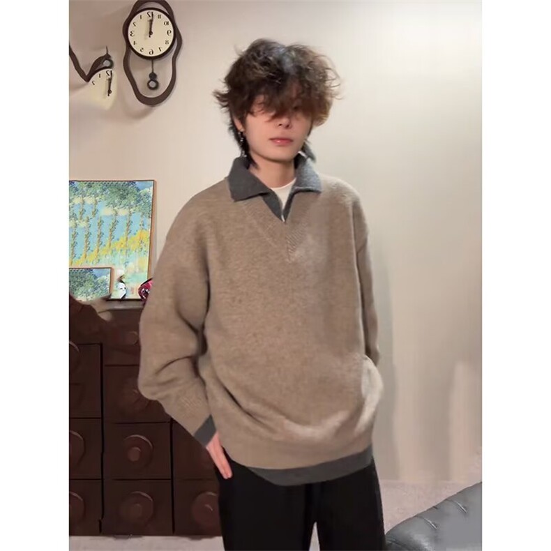 M279-P64 高级感假两件V领毛衣男秋季纯色翻领针织衫内搭男图片