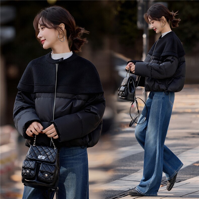 黑色短款休闲拼接羽绒服女2026冬季新款圆领休闲百搭上衣,女装羽绒服,梦懿尔