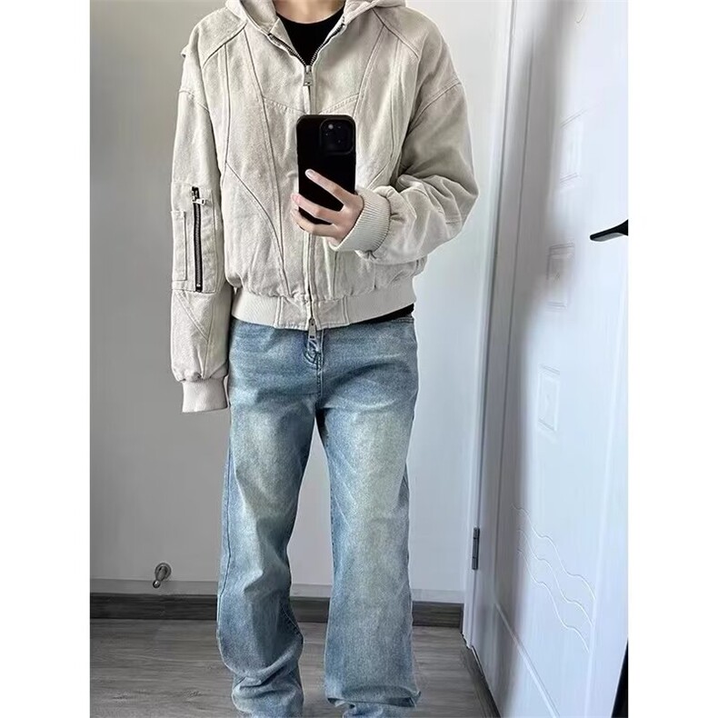秋冬美式复古解构连帽工装外套青少年街头宽松休闲水洗夹克上衣潮,男装夹克,星座506A