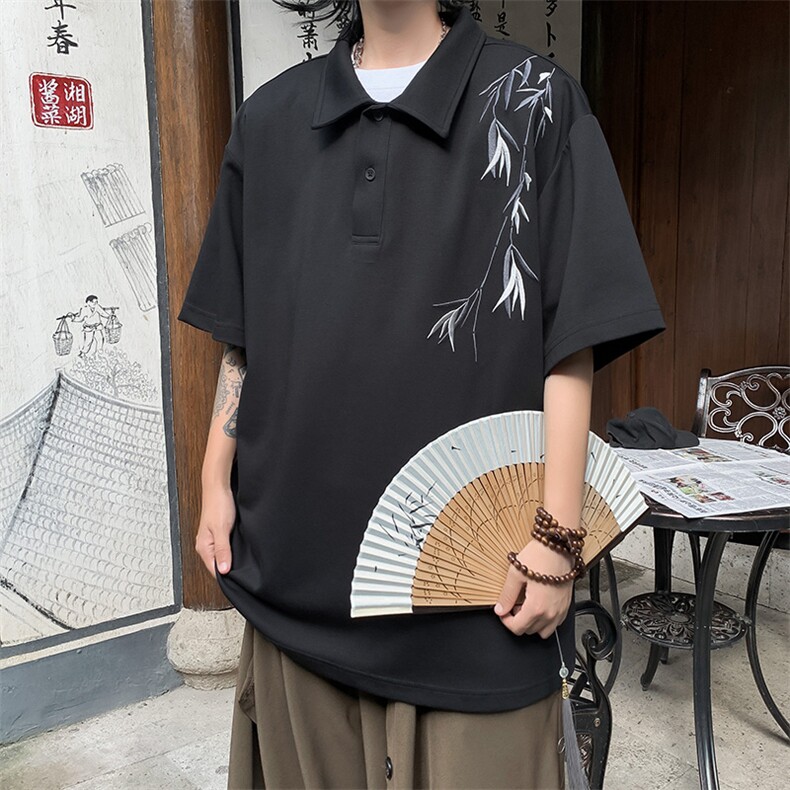 新中式竹子刺绣男士短袖t恤夏季男装2024新款潮流polo衫半袖,男装T恤,星座505-2（原电商A260-1)
