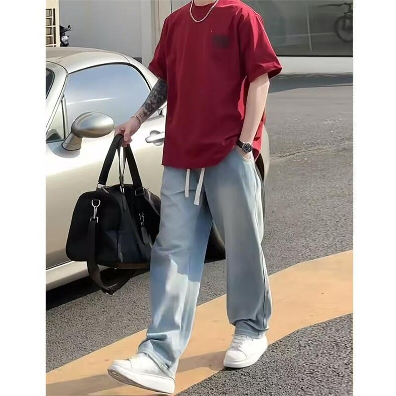 网图美式高街牛仔裤男女春夏2026年新款松紧腰宽松休闲直筒裤子,男装牛仔裤,星座601-1
