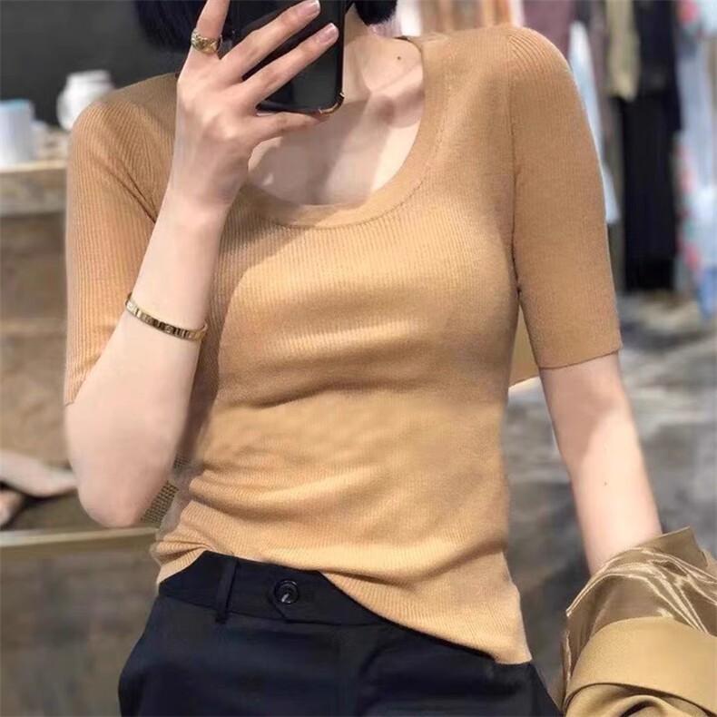 基础百搭U领修身冰丝针织短袖桑蚕丝T恤女夏装薄套头显瘦打底半袖,针织衫/毛衣,圣旺供货