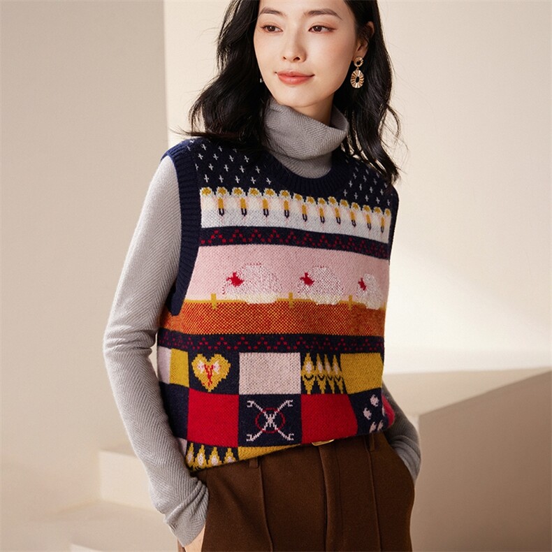 宽松圆领套头撞色100山羊绒马甲女2025秋冬新款针织背心毛衣坎肩图片