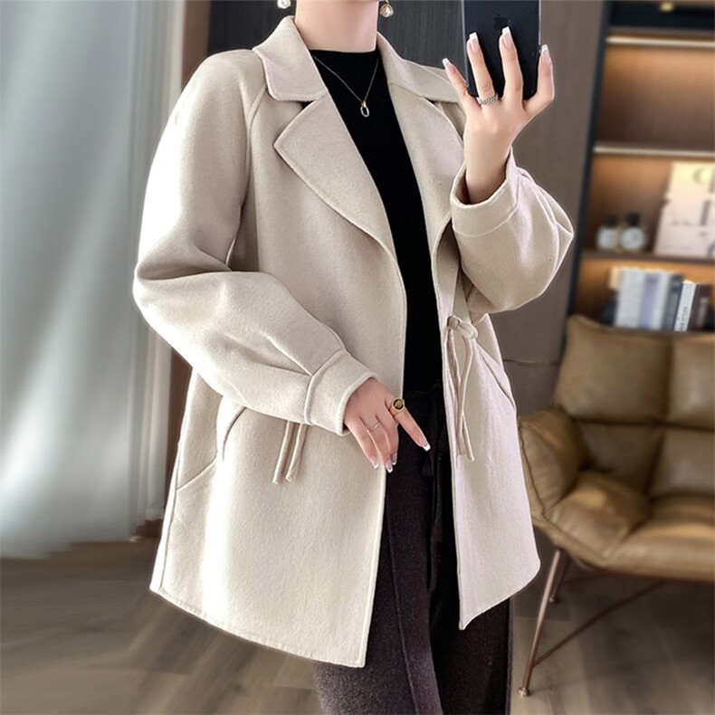 时尚百搭纯色羊毛大衣女款高奢双面呢外套显瘦修身长款风衣,女装双面呢大衣,乾庄羊绒