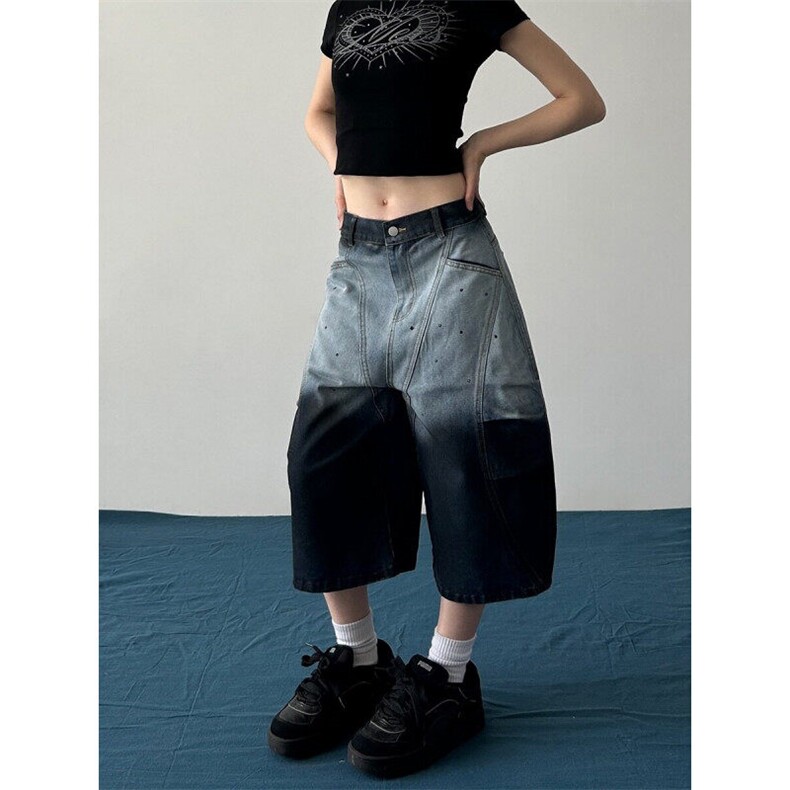 夏季新款美式小众复古渐变扎染七分裤男女水洗弯刀牛仔短裤N716,男装牛仔裤,星座1116A（原606A-3）